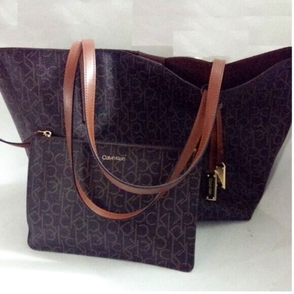 Calvin Klein Handbags - Calvin Klein Monogram Reversible Brown Tote Bag & Zip Pouch Set 18" x 11.5" x 5"